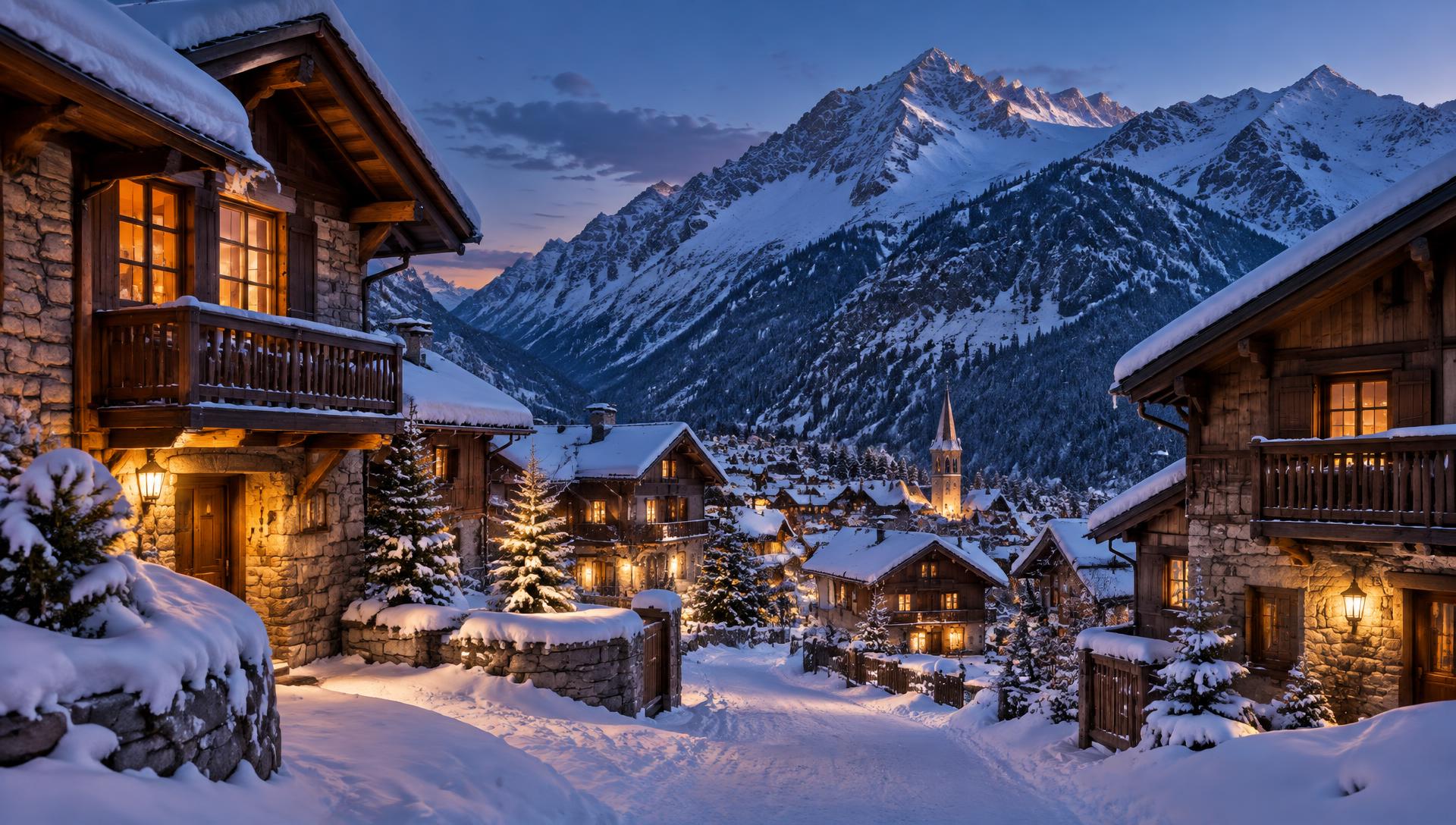 Snow-covered French Alpine village at dusk with glowing chalet lights and mountain peaks.