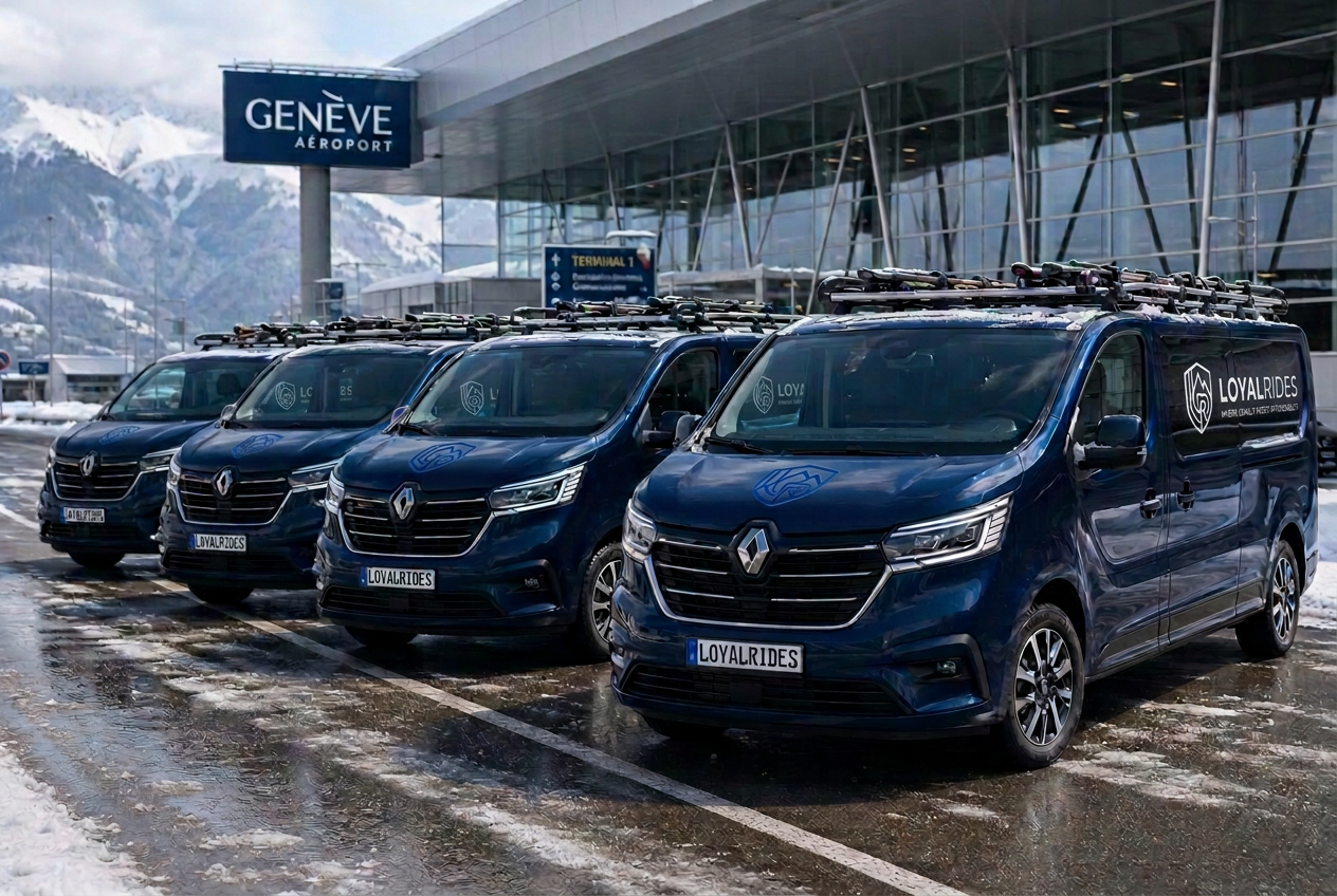 Fleet of Loyalrides Renault Trafic minivans on a snowy alpine road