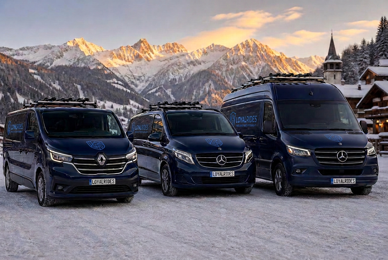 Loyalrides fleet — minivan, premium minivan and Sprinter parked in an alpine village at sunset